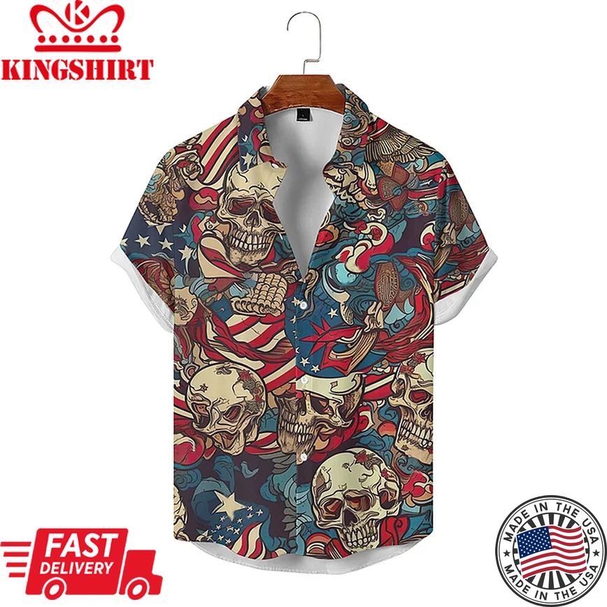 Dkull Flag Print Beach Holiday Style Short Sleeve Shirt, Trendy Hawaiian Shirt For Men