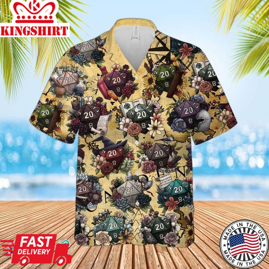 Dnd Hawaiian Shirt - Dice And Sword Pattern, Ideal For Gamers And Fantasy Enthusiasts