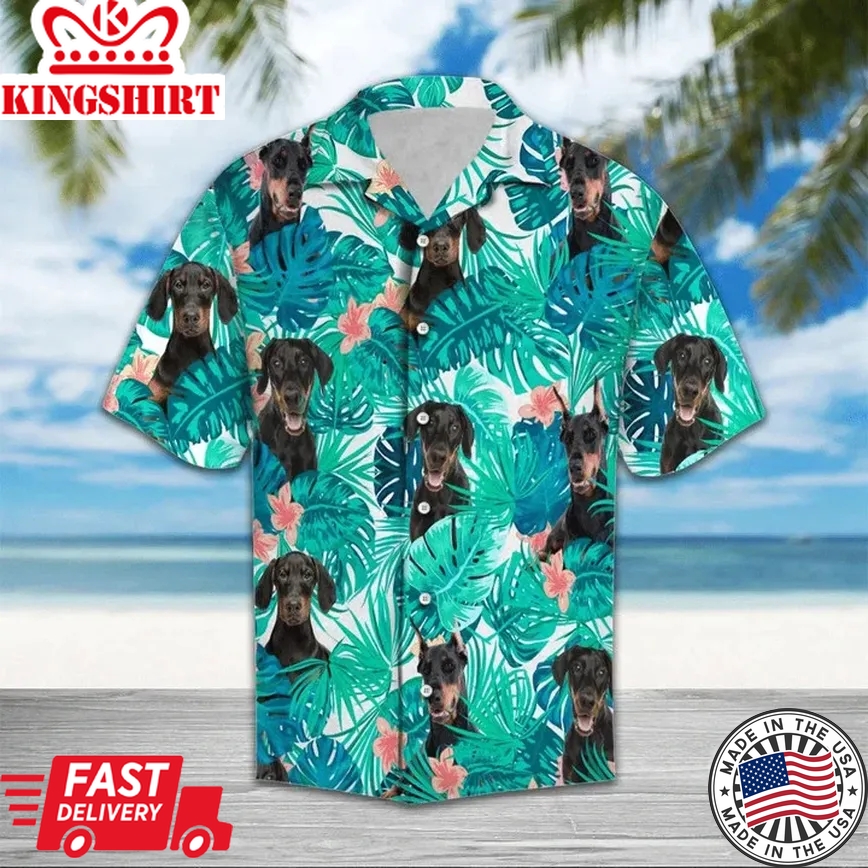 Doberman Hiding Behind Tropical Leave Trendy Hawaiian Shirt