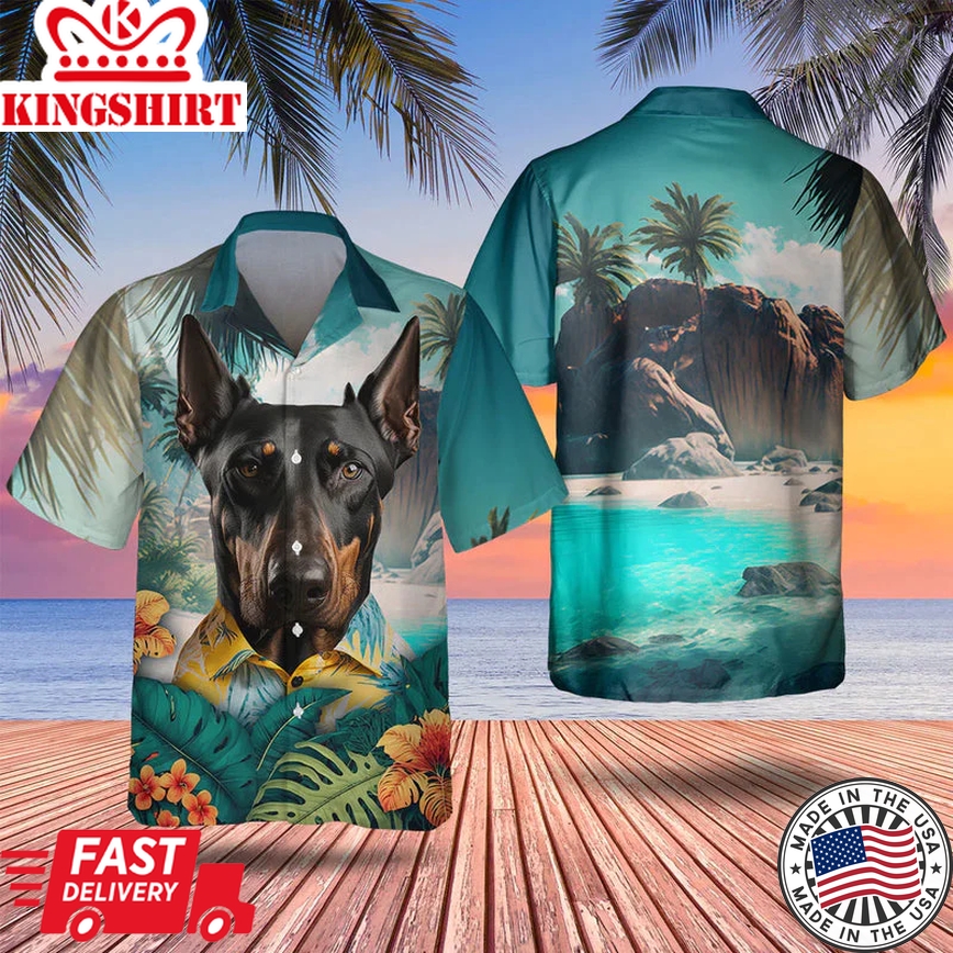 Doberman Pinscher 3D Tropical Trendy Hawaiian Shirt, Dog Lover Trendy Hawaiian Shirt, Summer Trendy Hawaiian Shirt For Men And Women