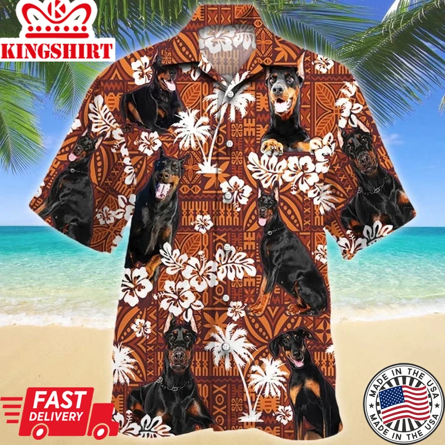 Doberman Pinscher Cute Face Dog Lovers Red Tribal Trendy Hawaiian Shirt, Short Sleeve Hawaiian Aloha Shirt For Men And Women