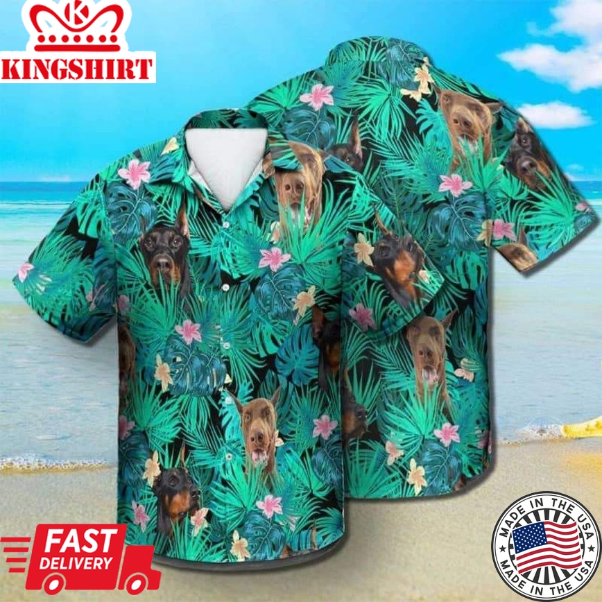 Doberman Pinscher Trendy Hawaiian Shirt, Dog Summer Leaves Trendy Hawaiian Shirt, Unisex Print Aloha Short Sleeve Casual Shirt Summer Gifts