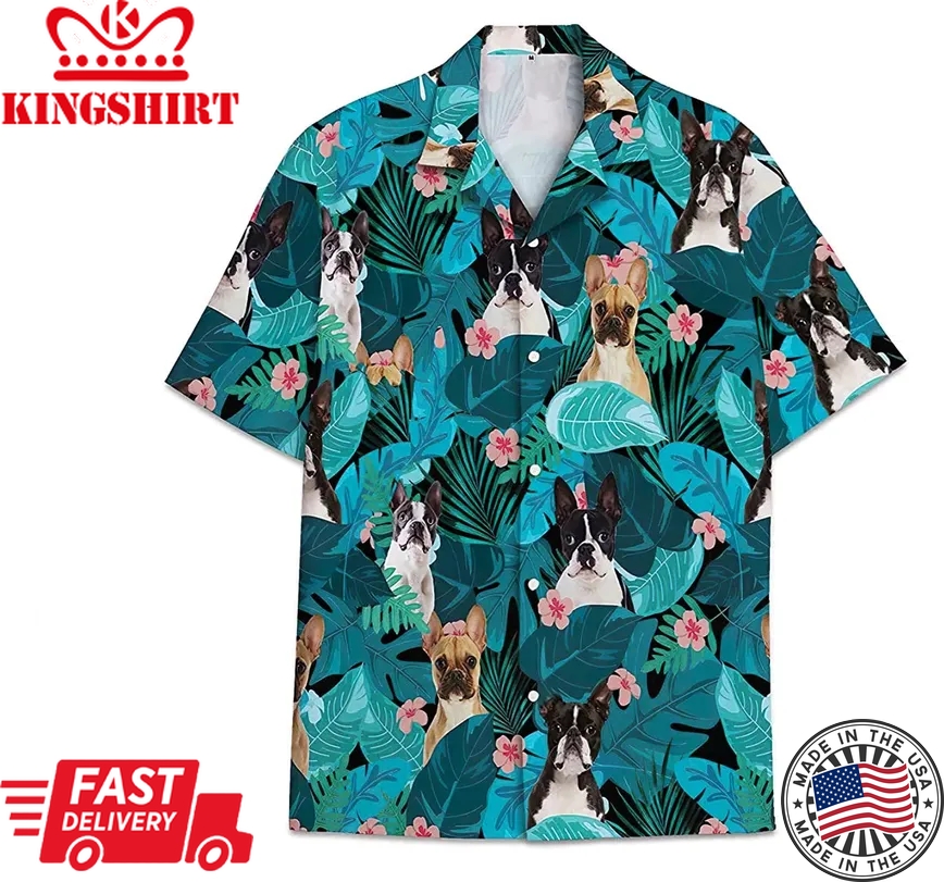 Dog Boston Terrier Pattern Short Tall Trendy Hawaiian Shirt, Button Up Aloha Shirt For Men, Women