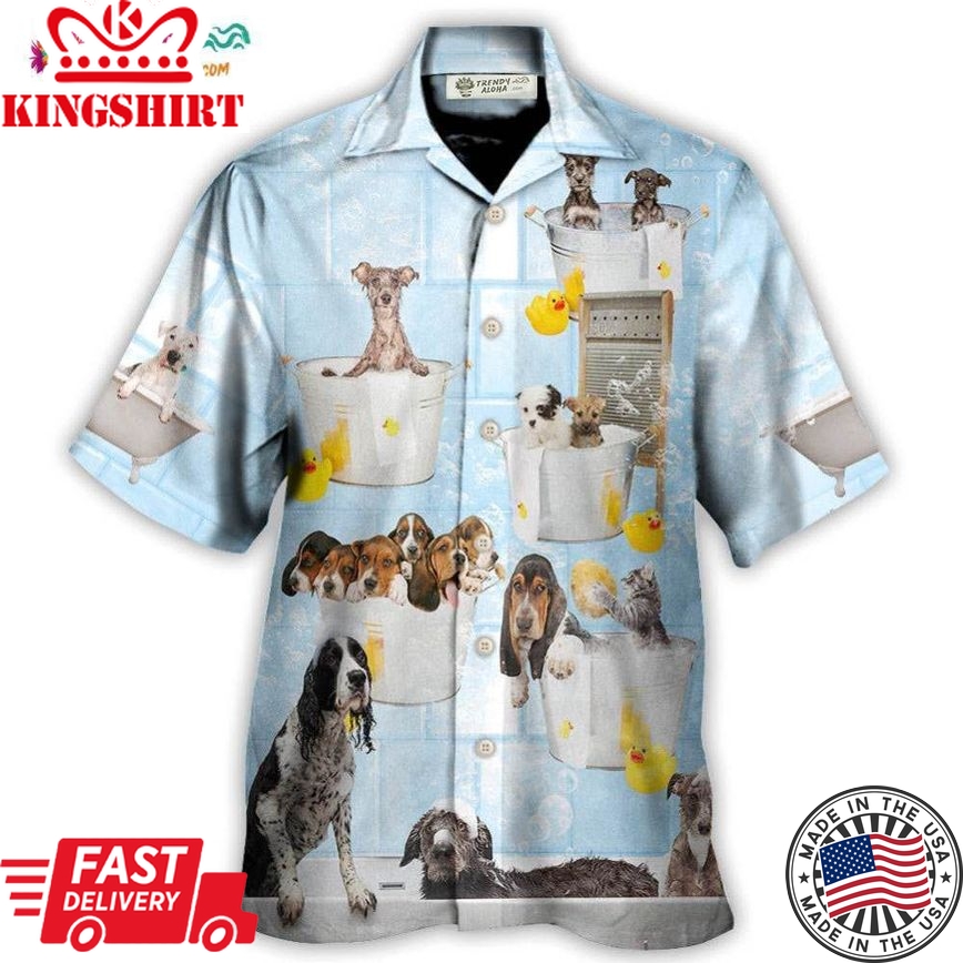 Dog Grooming Shower Happy In Bathroom Hawaiian Shirt