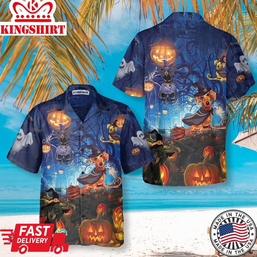 Dog The Witch For Halloween Hawaiian Shirt, Funny Dachshund Wich Halloween Shirt For Men And Women