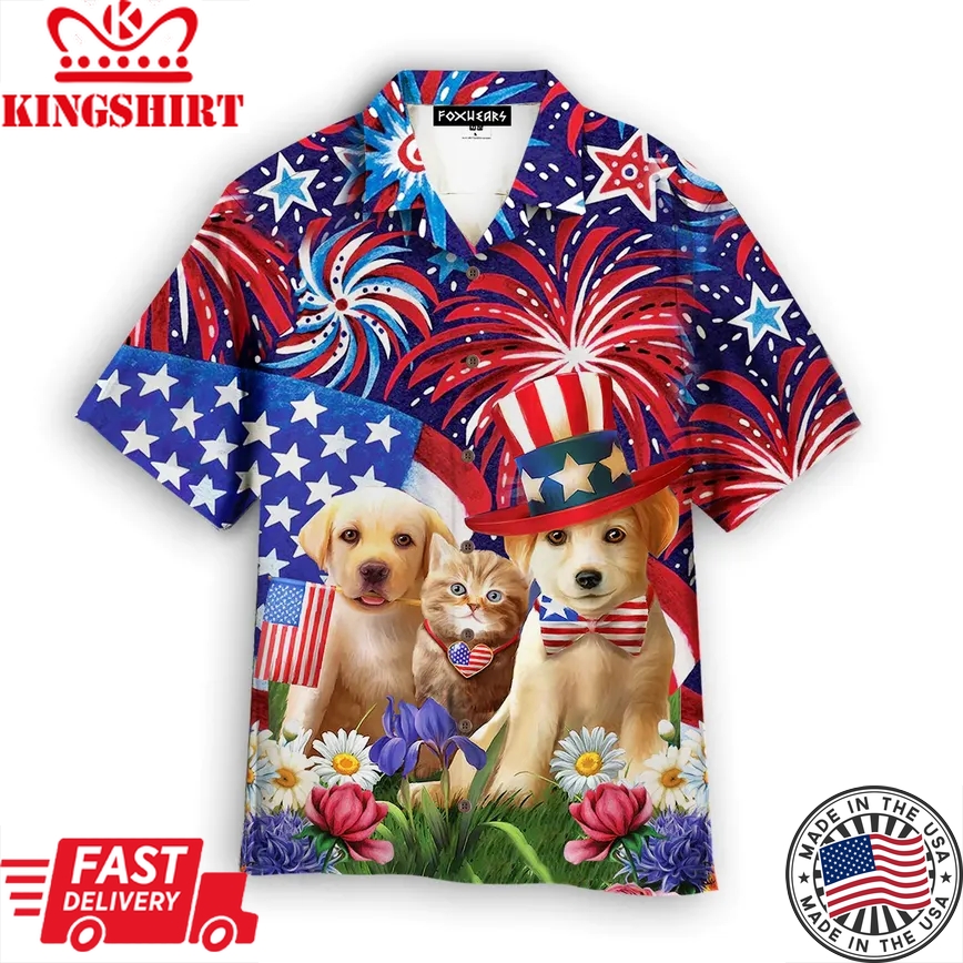 Dogs Love American Flag Firework Trendy Hawaiian Shirt