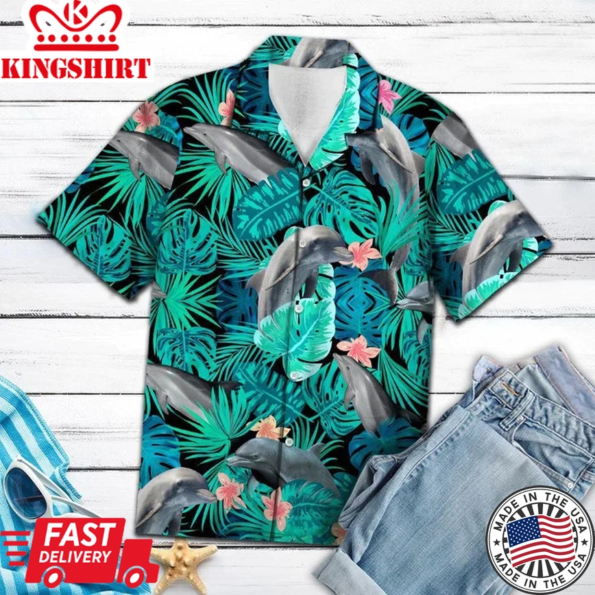 Dolphin Amazing Trendy Hawaiian Shirt, Marine Dolphin Tropical Jungle Design Trendy Hawaiian Shirt