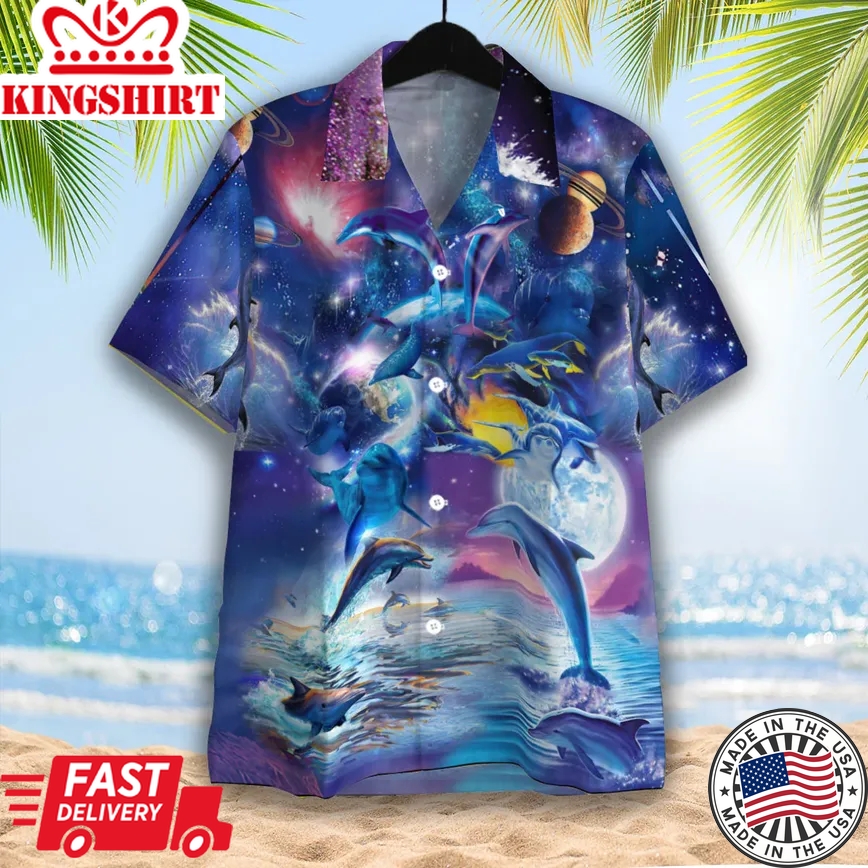 Dolphin In Universe Space Trendy Hawaiian Shirt Aloha Shirt