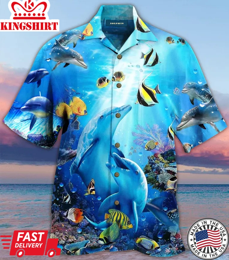 Dolphin Under Blue Ocean Coral Pattern Trendy Hawaiian Shirt 3D Has1052Va Summer Gifts