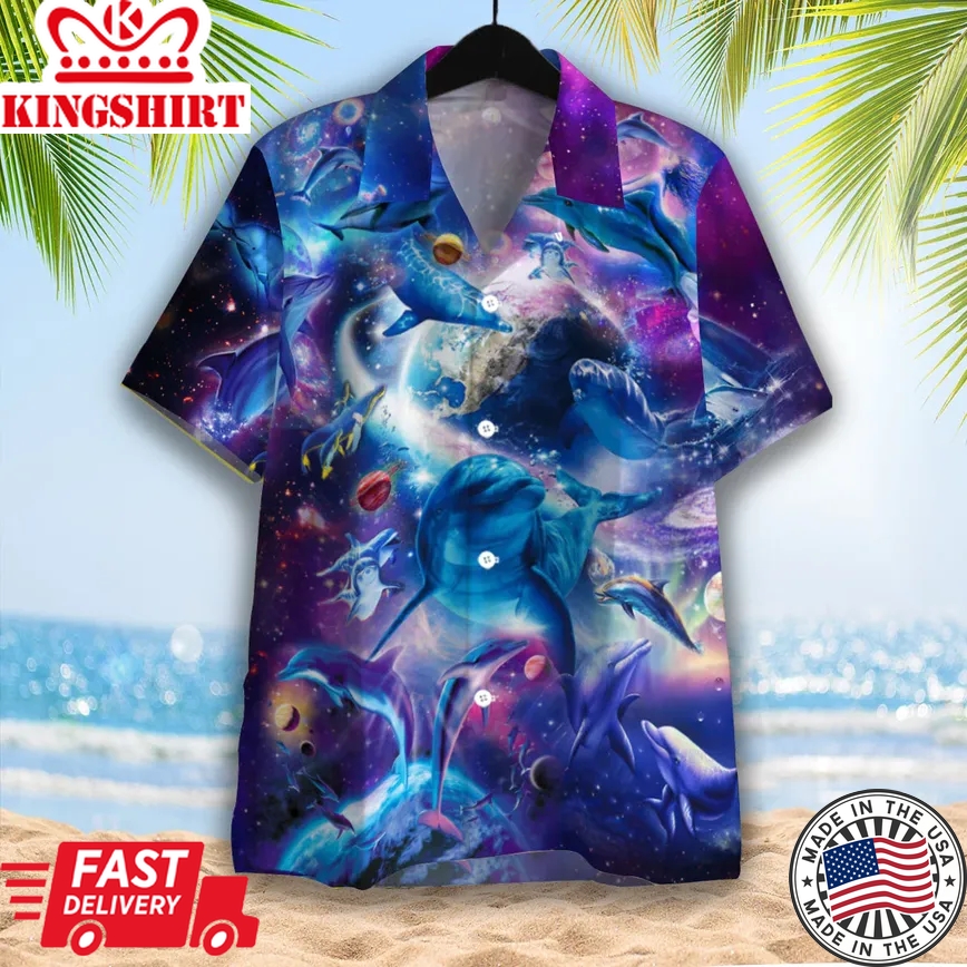 Dolphins Jump Into The Galaxy Trendy Hawaiian Shirt Aloha Shirt