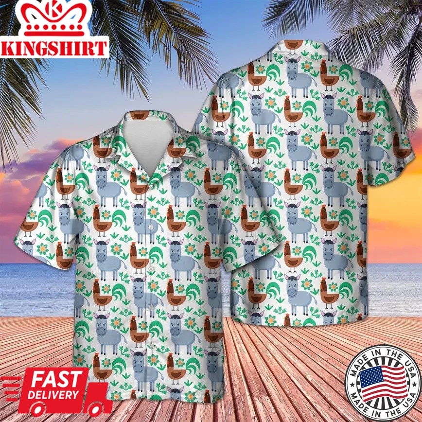 Donkey And Chicken Seamless Trendy Hawaiian Shirt, Chicken Lover Trendy Hawaiian Shirt For Summer Gifts