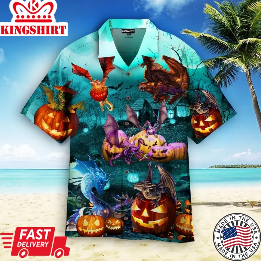 Dragon Are Playing On Halloween Day Trendy Hawaiian Shirt, Dragon Lover Trendy Hawaiian Shirt For