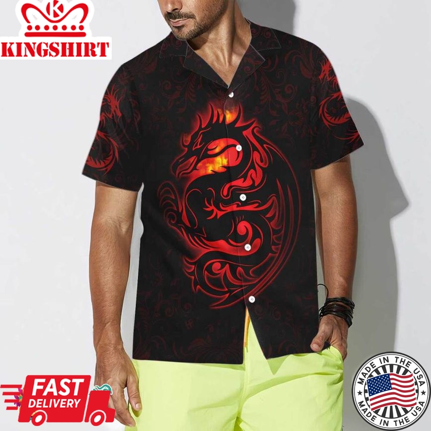 Dragon Tribal Tattoo Art Hawaiian Shirt, Cool Red Dragon Black Shirt