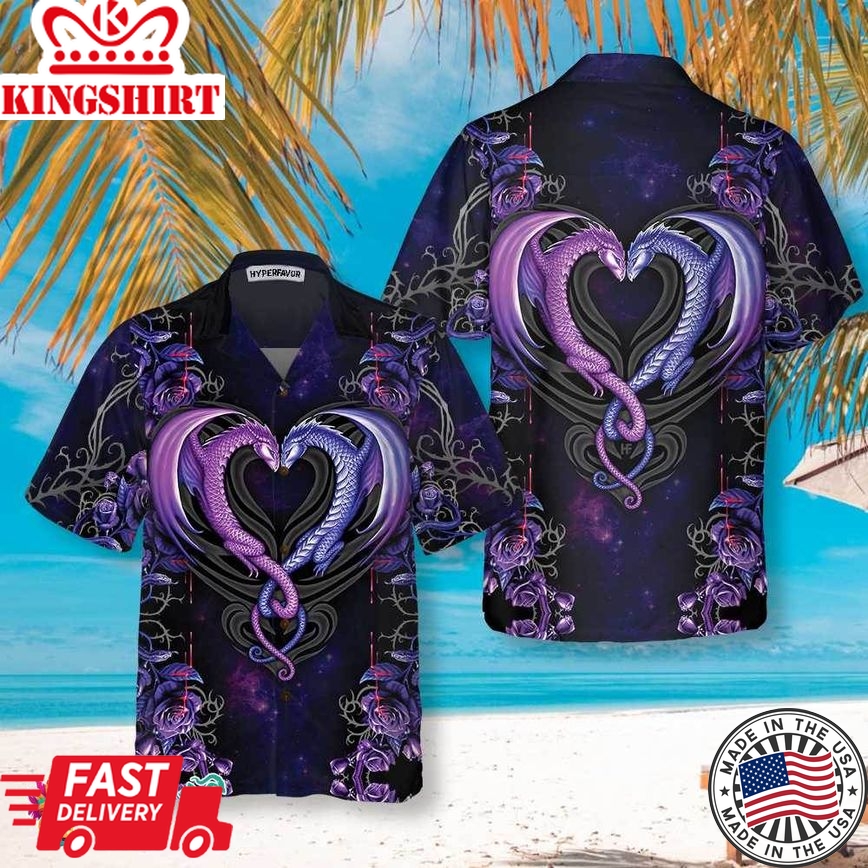 Dragons & The Love Flower Hawaiian Shirt, Unique Shirt With Dragon Couple And Roses