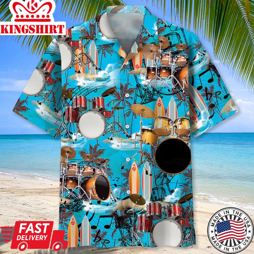 Drum Beach Trendy Hawaiian Shirt, Short Sleeve Summer Vacation Beach Shirts For Men