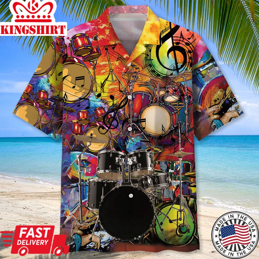 Drum Color Trendy Hawaiian Shirt, Short Sleeve Summer Vacation Beach Shirts For Men