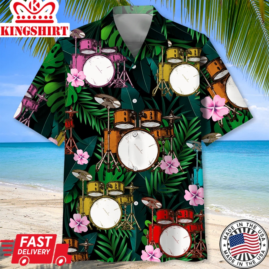 Drum Tropical Trendy Hawaiian Shirt, Men's Trendy Hawaiian Shirt Tropical Aloha Shirts Short Sleeve Beach Holiday Casual Shirts