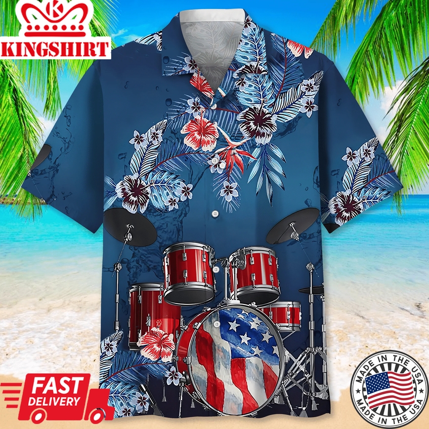 Drum Usa Trendy Hawaiian Shirt, Drum Nature Flower Trendy Hawaiian Shirt For Men