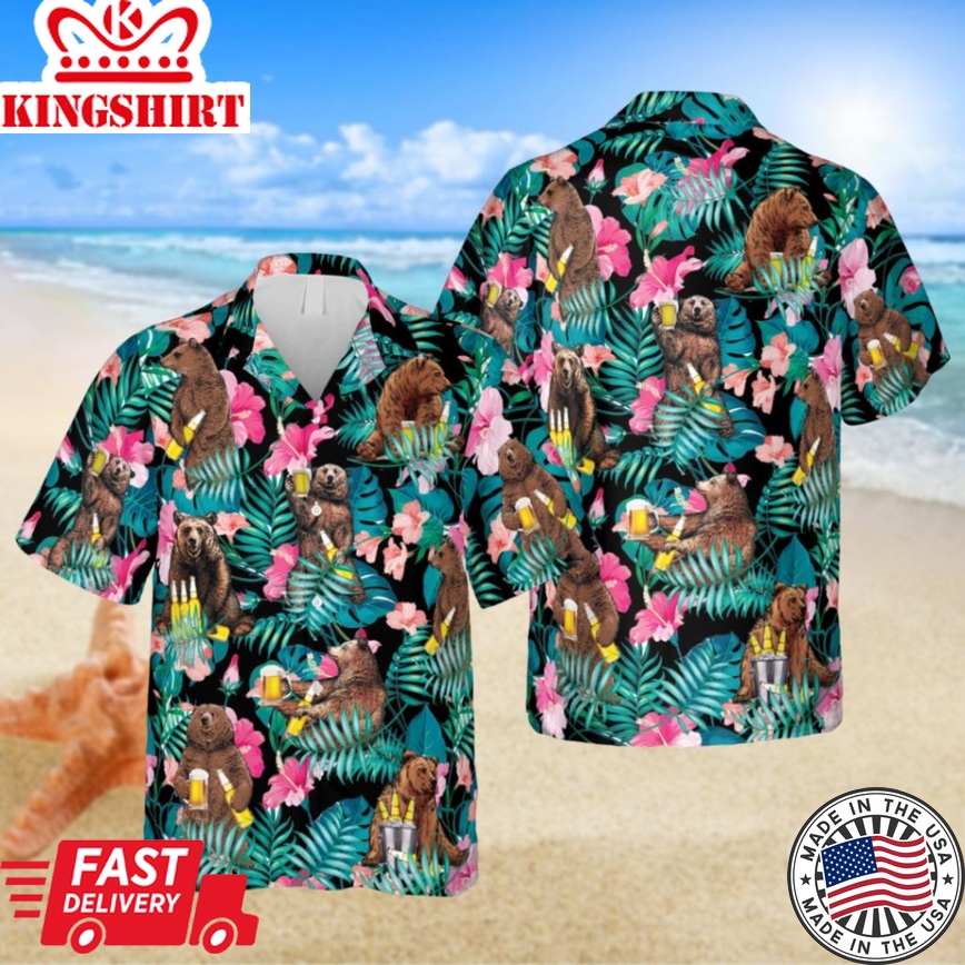 Drunk Bear Hibicus Flowers Trendy Hawaiian Shirt, Brewery Summer Outfit