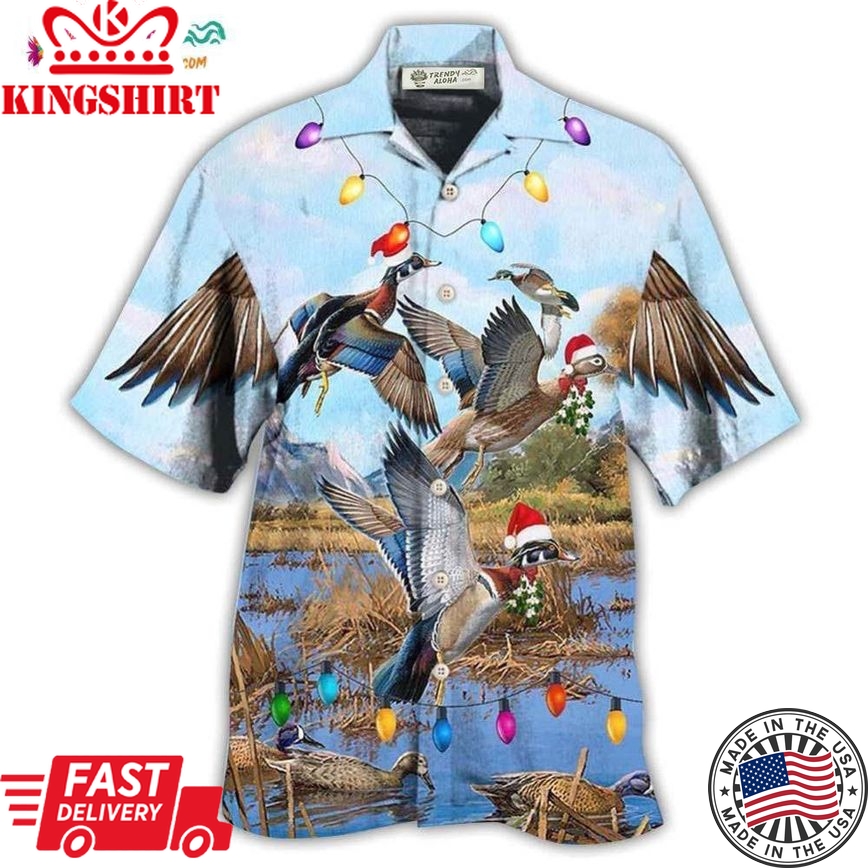 Duck Christmas Light Fly To Sky Hawaiian Shirt