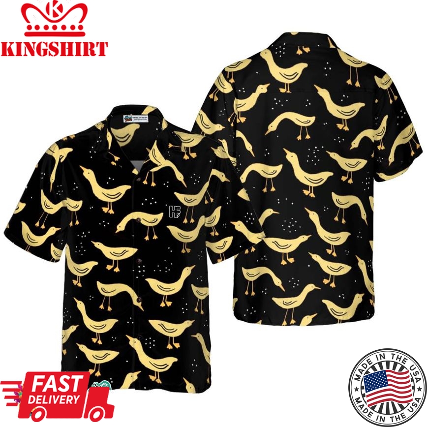 Ducks In Darkness Hawaiian Shirt For Men, Black And Yellow Banana Duck Pattern Hawaiian Shirt