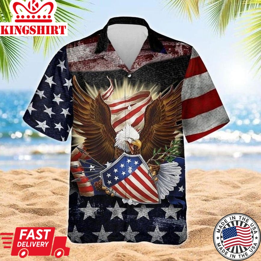 Eagle American Flag Independence Day Patriotic Trendy Hawaiian Shirt, Men's Trendy Hawaiian Shirt