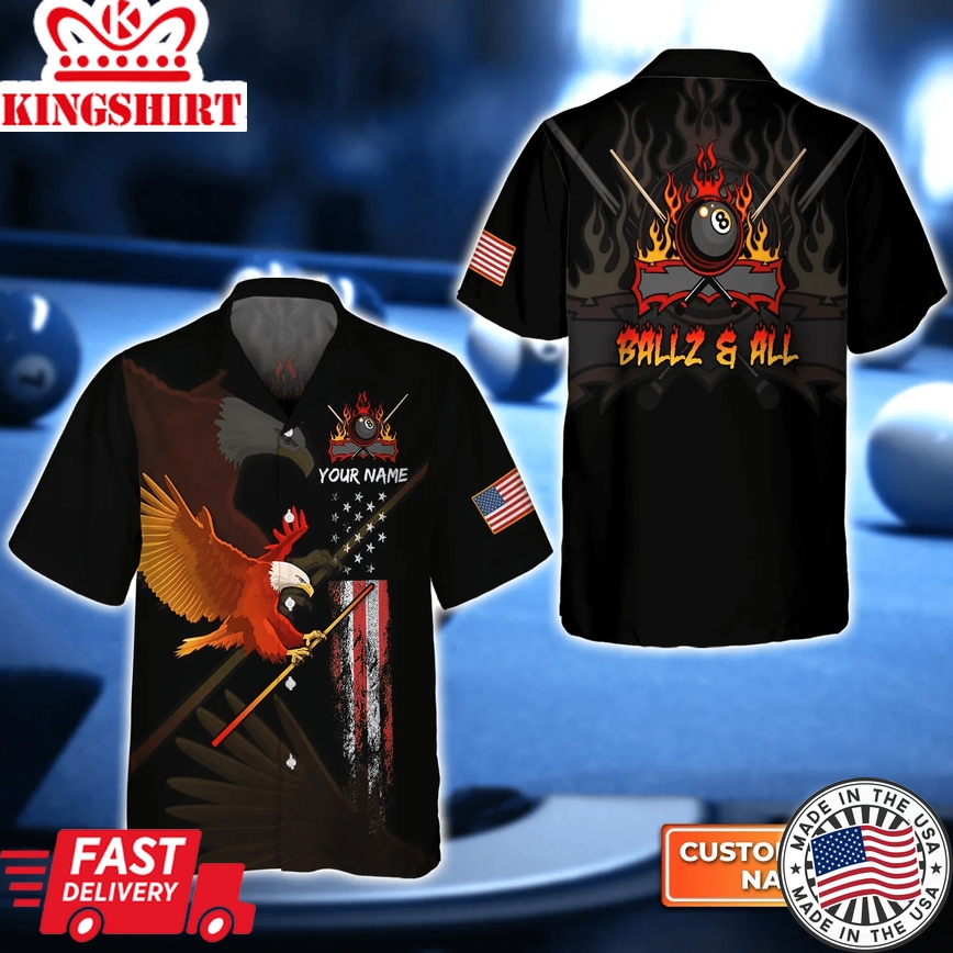 Eagle Ballz & All Team Bones 8 Ball American Flag Billiards 3D Trendy Hawaiian Shirt, Gift For Billiard Players