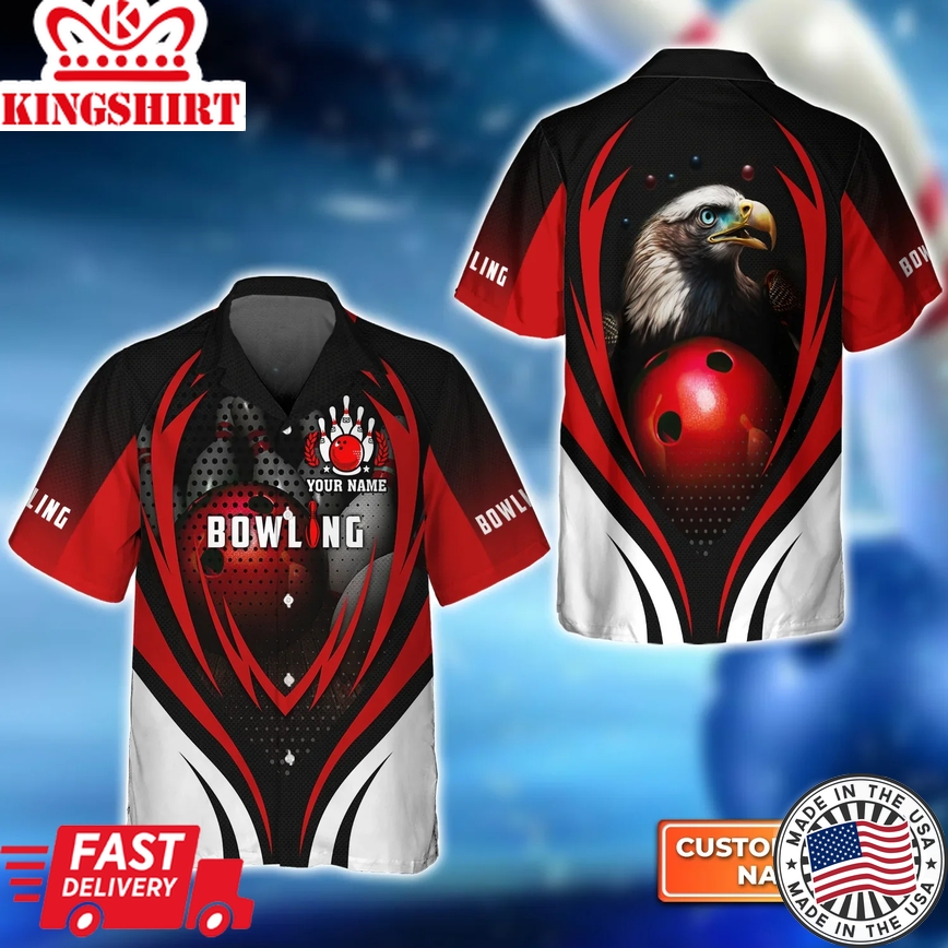 Eagle Bowling Team With Red Ball 3D Trendy Hawaiian Shirt, Bowling Custom Trendy Hawaiian Shirt For Men, Women, Bowling Team