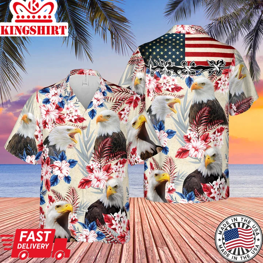 Eagle Lover American Flag Hawaiian Flowers All Over Printed 3D Trendy Hawaiian Shirt