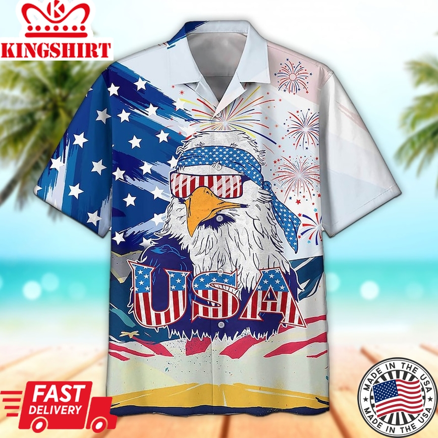 Eagle Usa Independence Day 3D Trendy Hawaiian Shirt, Aloha Trendy Hawaiian Shirt Short Sleeve Hawaiian