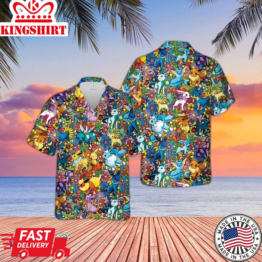 Eevee Evolution Hawaiian Shirt, 3D Hawaiian Shirt, Button Up Shirt, Movies Hawaiian Shirt, Comic Hawaiian Shirt