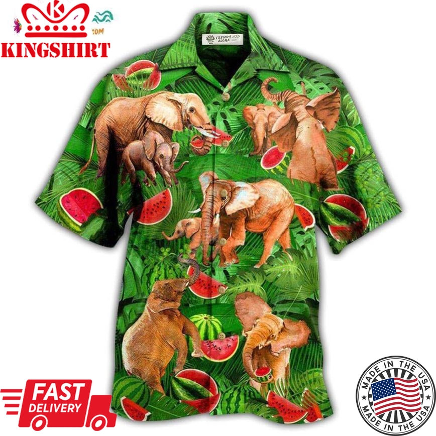 Elephant Funky Watermelon With Elephants Green Leaves Hawaiian Shirt