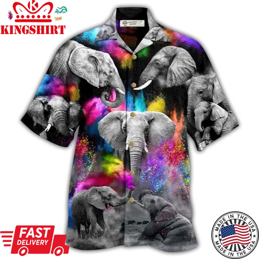 Elephant Grey Elephant With Colorful And Black Style Hawaiian Shirt