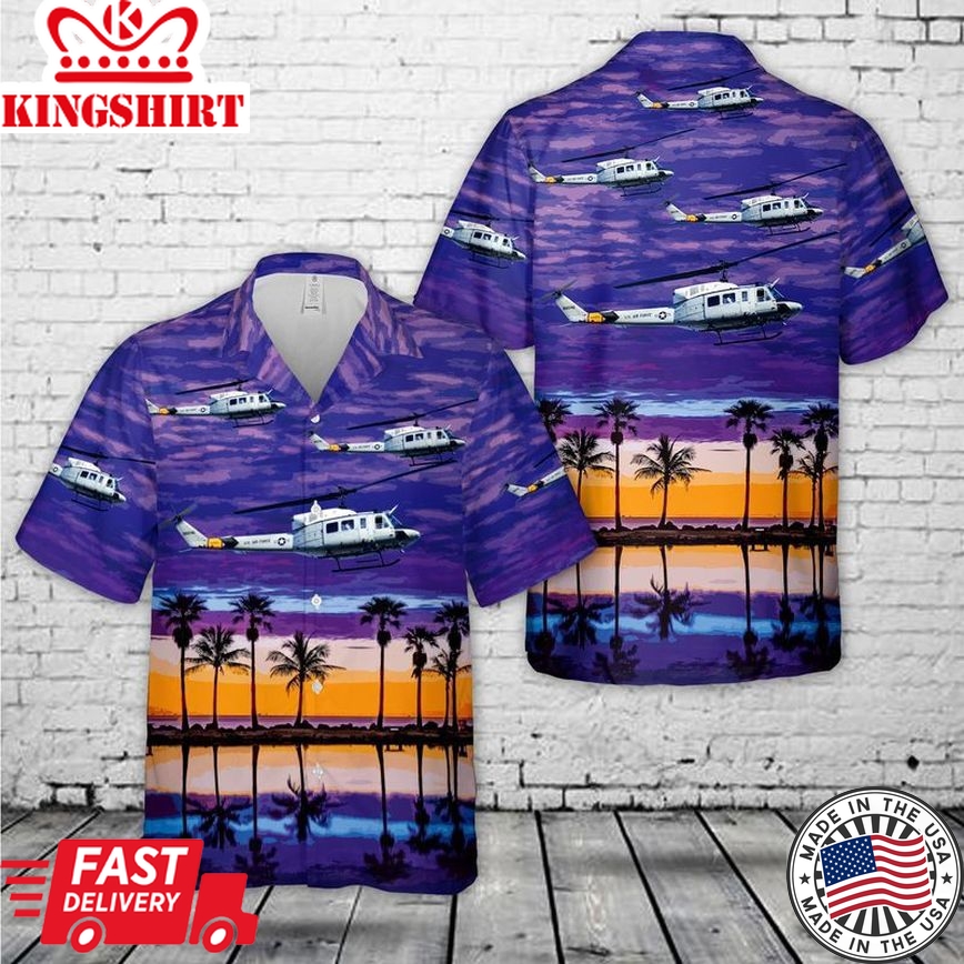 Elevated Aviator: Trendsetting Trendy Hawaiian Shirt with US Air Force Bell UH-1N Iroquois