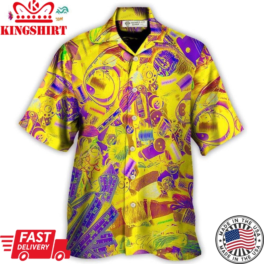 Embroidery Sewing Tailor Spool Vintage Retro Yellow Knitting Hawaiian Shirt