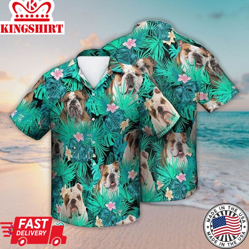 English Bulldog Hawaiian Shirt Tropical Summer Leaves, Aloha Hawaiian Shirts