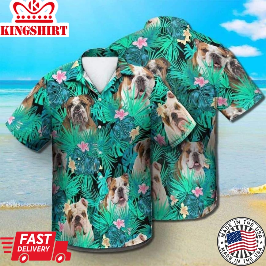 English Bulldog Summer Leaves Trendy Hawaiian Shirt, Bulldog Trendy Hawaiian Shirt, Aloha Shirt For Dog Lover Summer Gifts