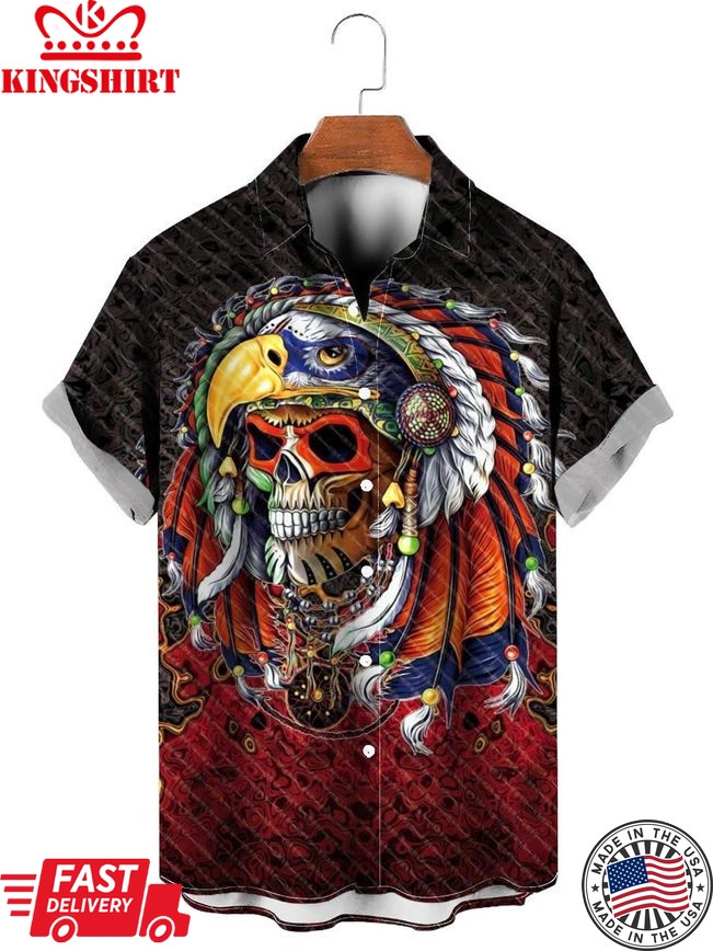 Ethnic Eagle Skull Print Short Sleeve Shirt