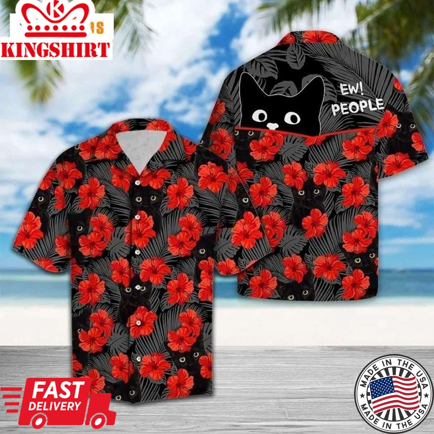 Ew People Black Cat And Red Flowers, Cat Trendy Hawaiian Shirt Perfect Gifts For Your Loved Ones