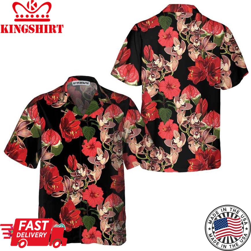 Exotic Hibiscus And Tropical Plants Hawaiian Shirt, Unique Red Hibiscus Print Shirt