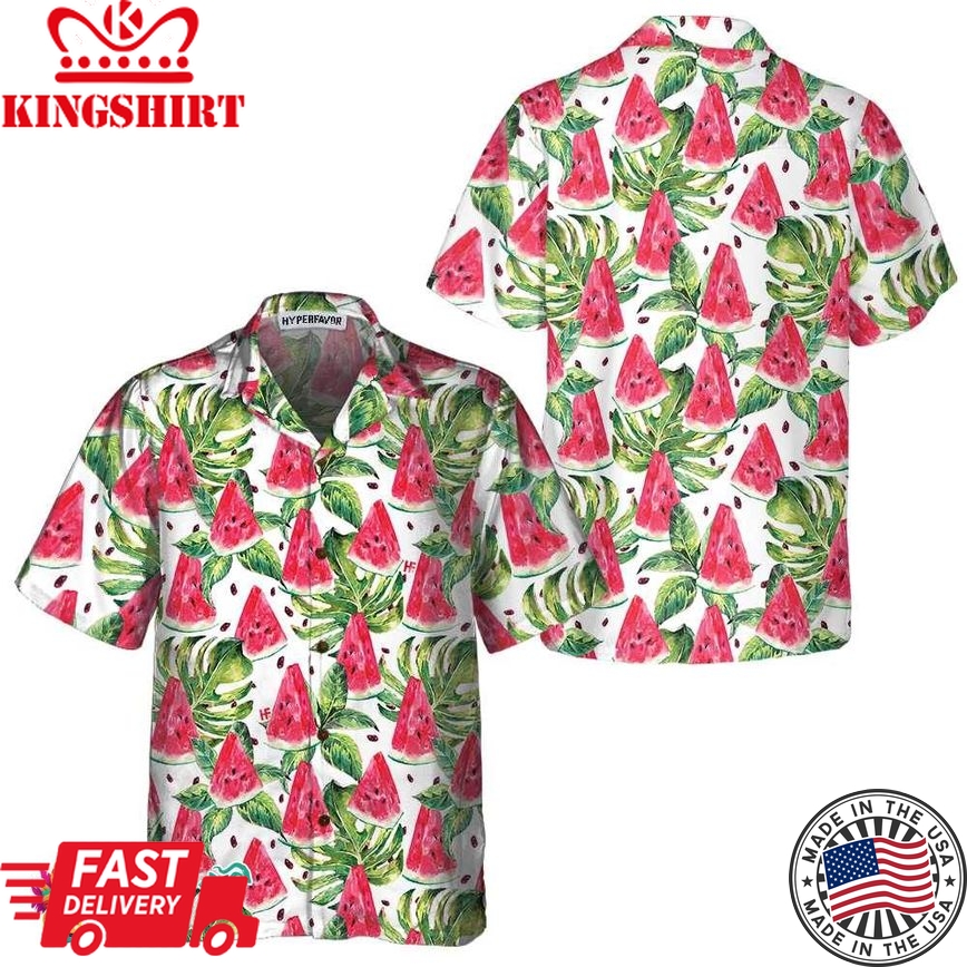 Exotic Summer Watermelon Hawaiian Shirt, Tropical Leaves And Watermelon Print Shirt