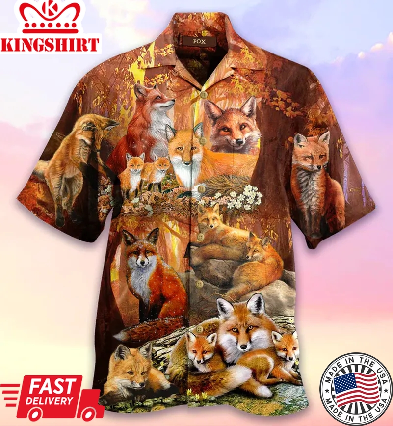 Fall Fox Family Jungle Animal Orange Trendy Hawaiian Shirt 3D, Fox Lover Trendy Hawaiian Shirt For Summer Gifts