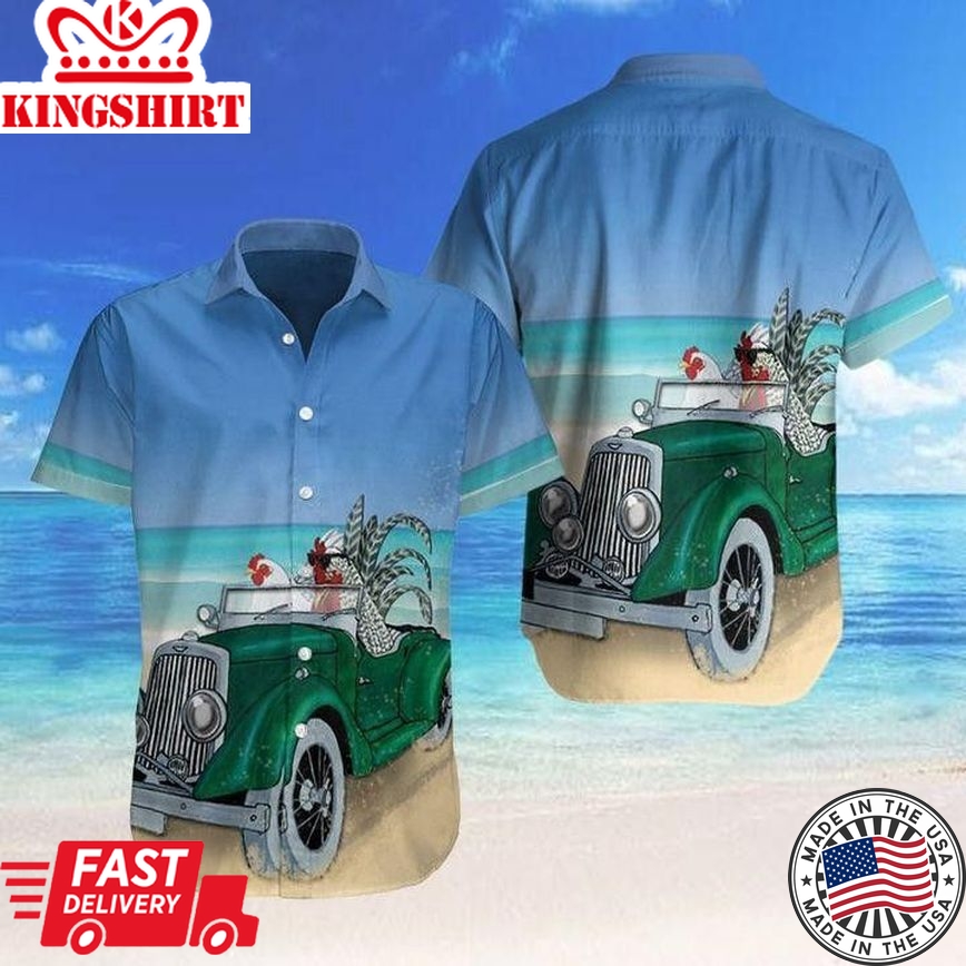 Farm Chicken Driving Car On The Beach Trendy Hawaiian Shirt, Chicken Lover Trendy Hawaiian Shirt For Summer Gifts