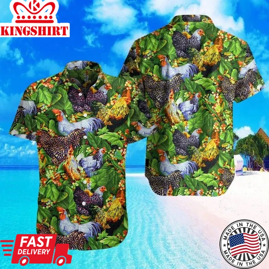 Farm Chicken In Garden 3D Print Polyester Trendy Hawaiian Shirt, Chicken Lover Trendy Hawaiian Shirt For Summer Gifts