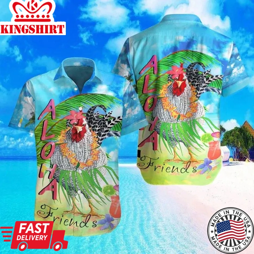 Farm Rooster Aloha Friends 3D Print Polyester Trendy Hawaiian Shirt, Chicken Lover Trendy Hawaiian Shirt For Summer Gifts