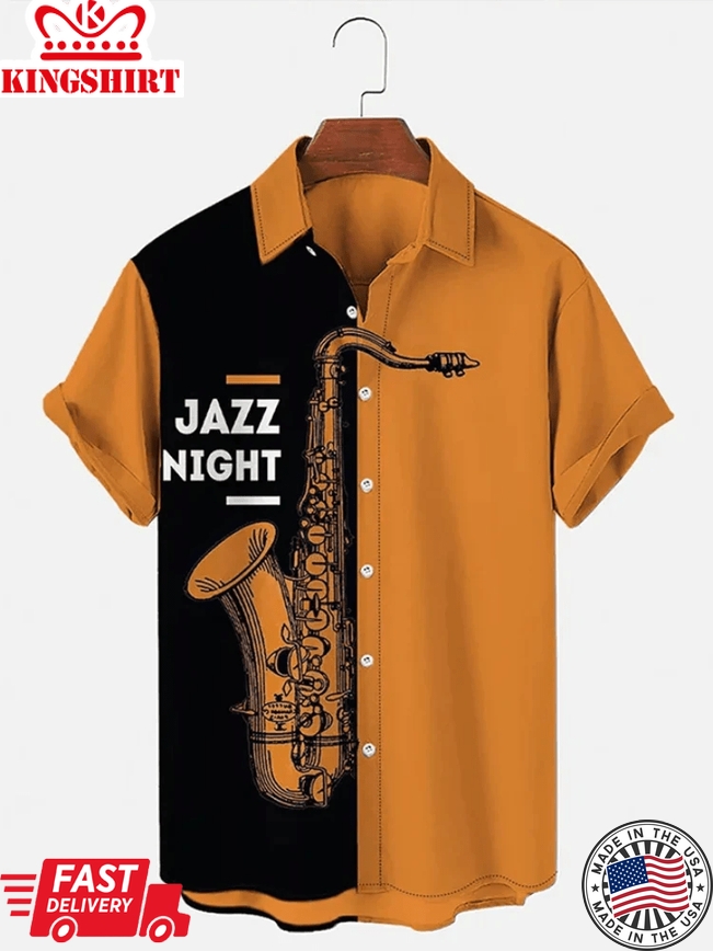 Fashionable Jazz Musical Instrument Print Color Contrast Men's Shirt, Summer Gift For Women, Men