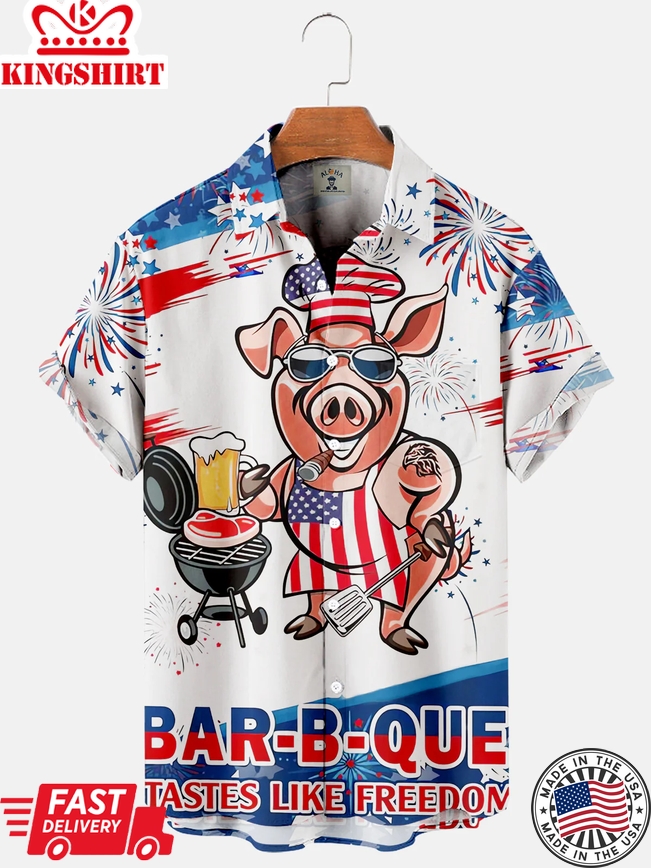 Fat Pig Wearing American Flag At Barbecue Casual Loose Men's Plus Size Short-Sleeved Trendy Hawaiian Shirt