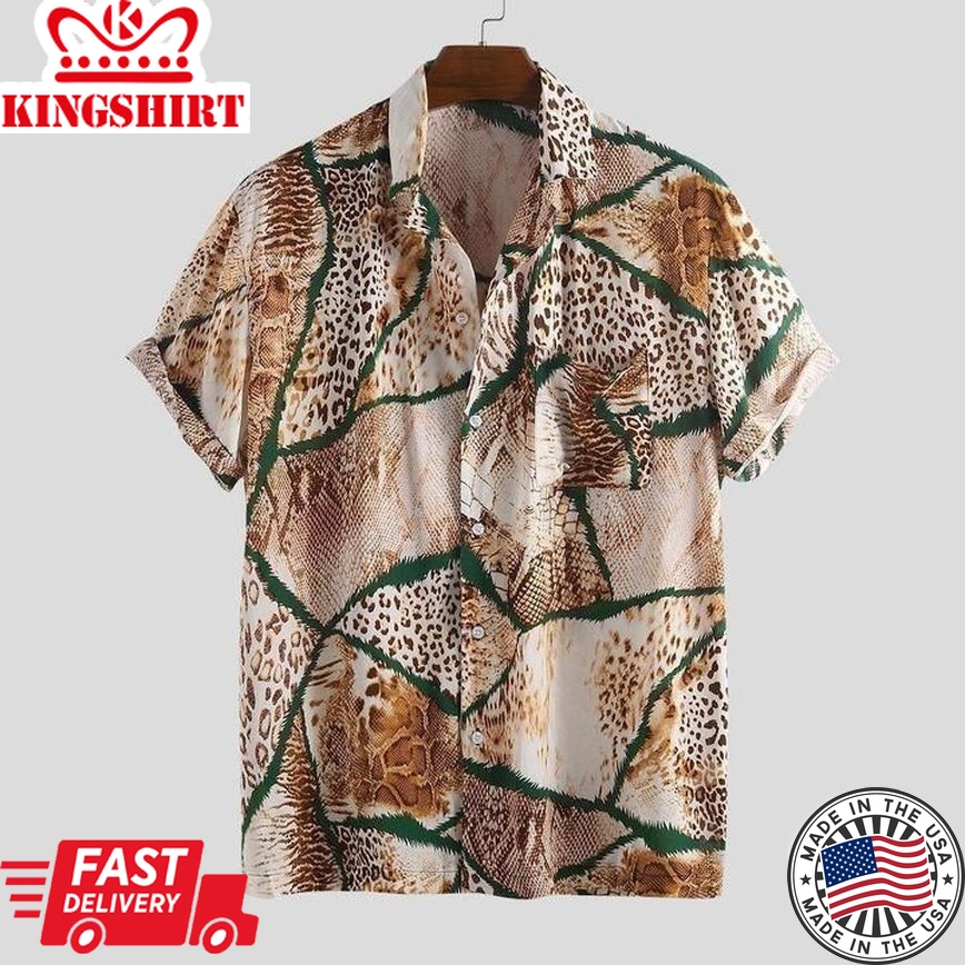 Felacia Men Leopard Snake Print Single Pocket Short Sleeve Shirts Trendy Hawaiian Shirt Summer Gifts