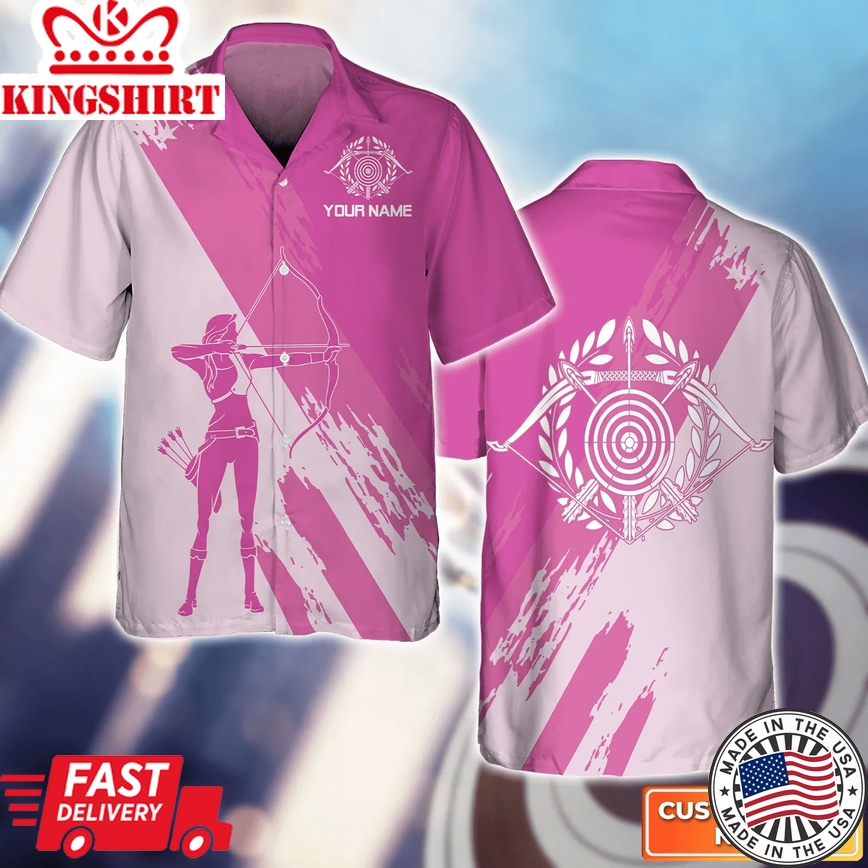 Female Archer Silhouette Pink 3D Trendy Hawaiian Shirt, Gift For Archer Sport Lovers