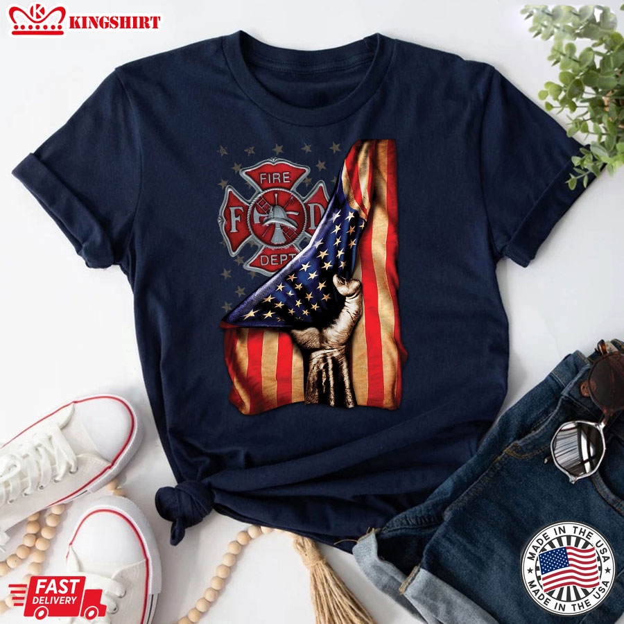 Fire Department Logo Firefighter American Flag T-Shirt